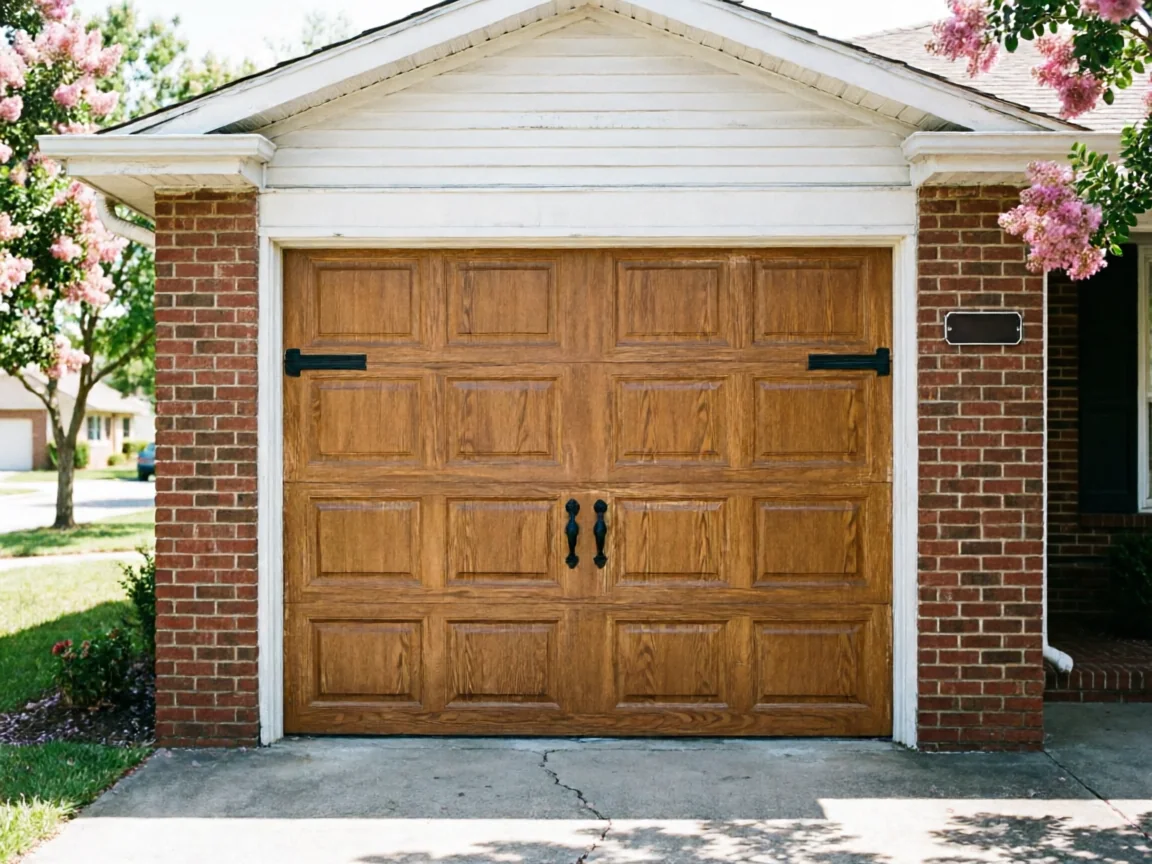 A brown wood-look garage door with black hardware is set in a brick house.